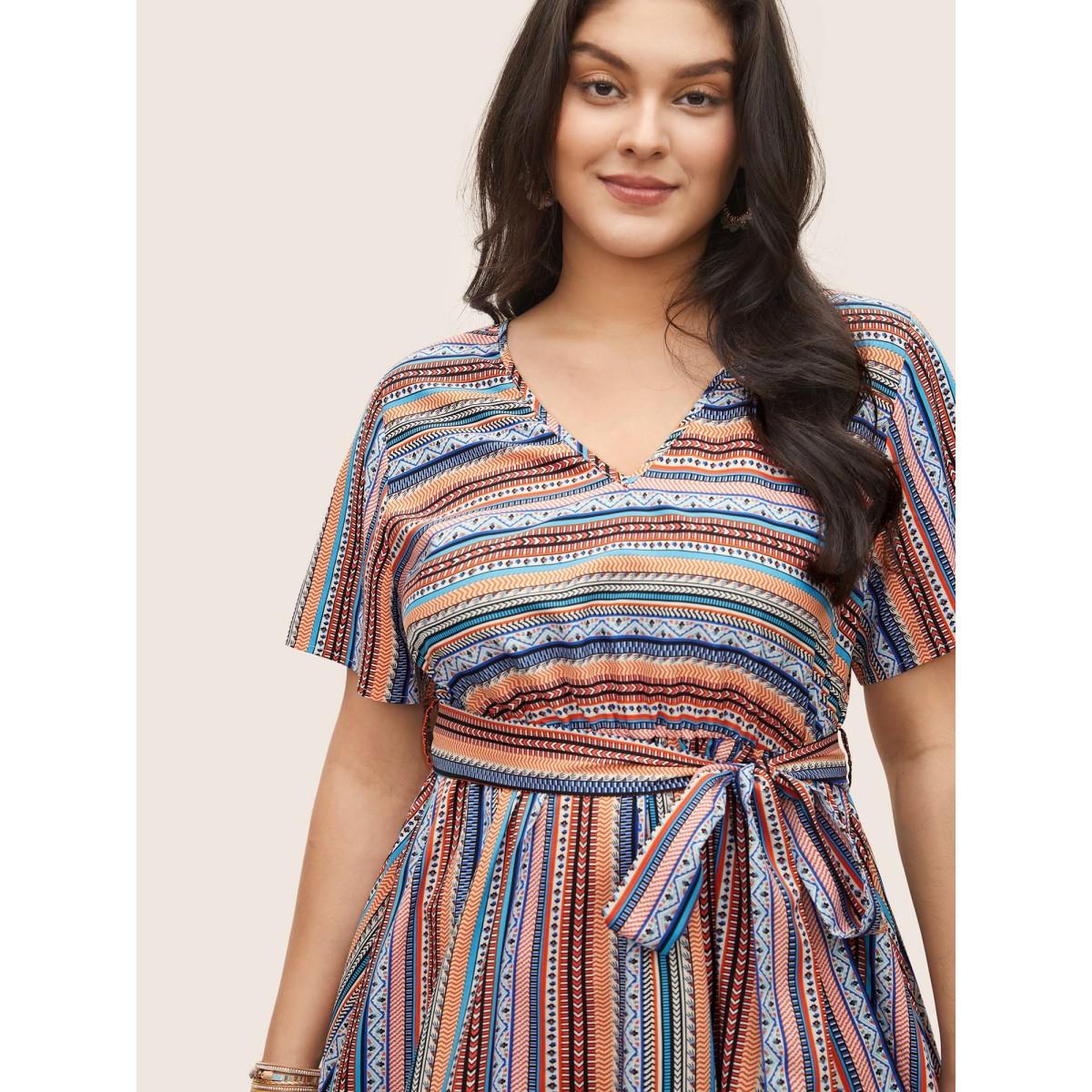Plus Size Bandana Striped Belted Pocket Dress Orange Women Resort Non V-neck Short sleeve Curvy Midi Dress BloomChic 12/L Product Image