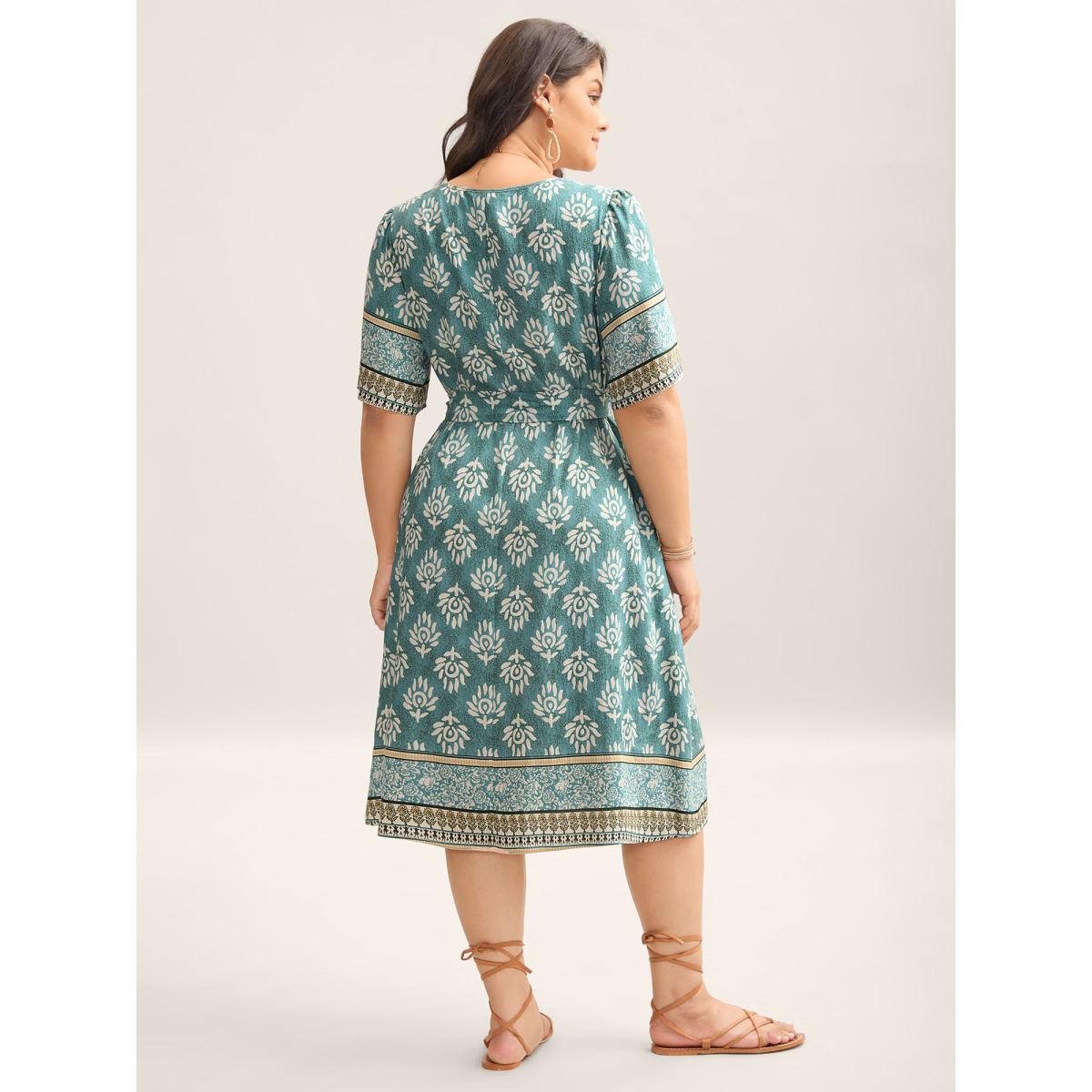Plus Size Rayon Boho Print Tied Midi Dress Teal Women V-neck Short sleeve Curvy BloomChic 12/L Product Image