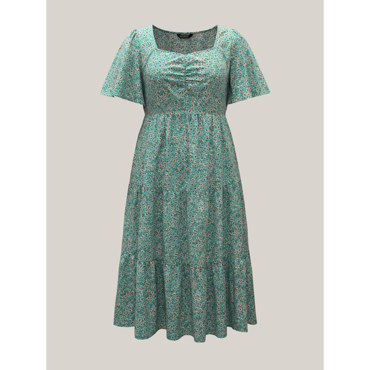 Plus Size Ditsy Floral Print Sweetheart Neckline Tiered Dress Sage Women Elegant Gathered Heart neckline Short sleeve Curvy BloomChic 14-16/1X Product Image