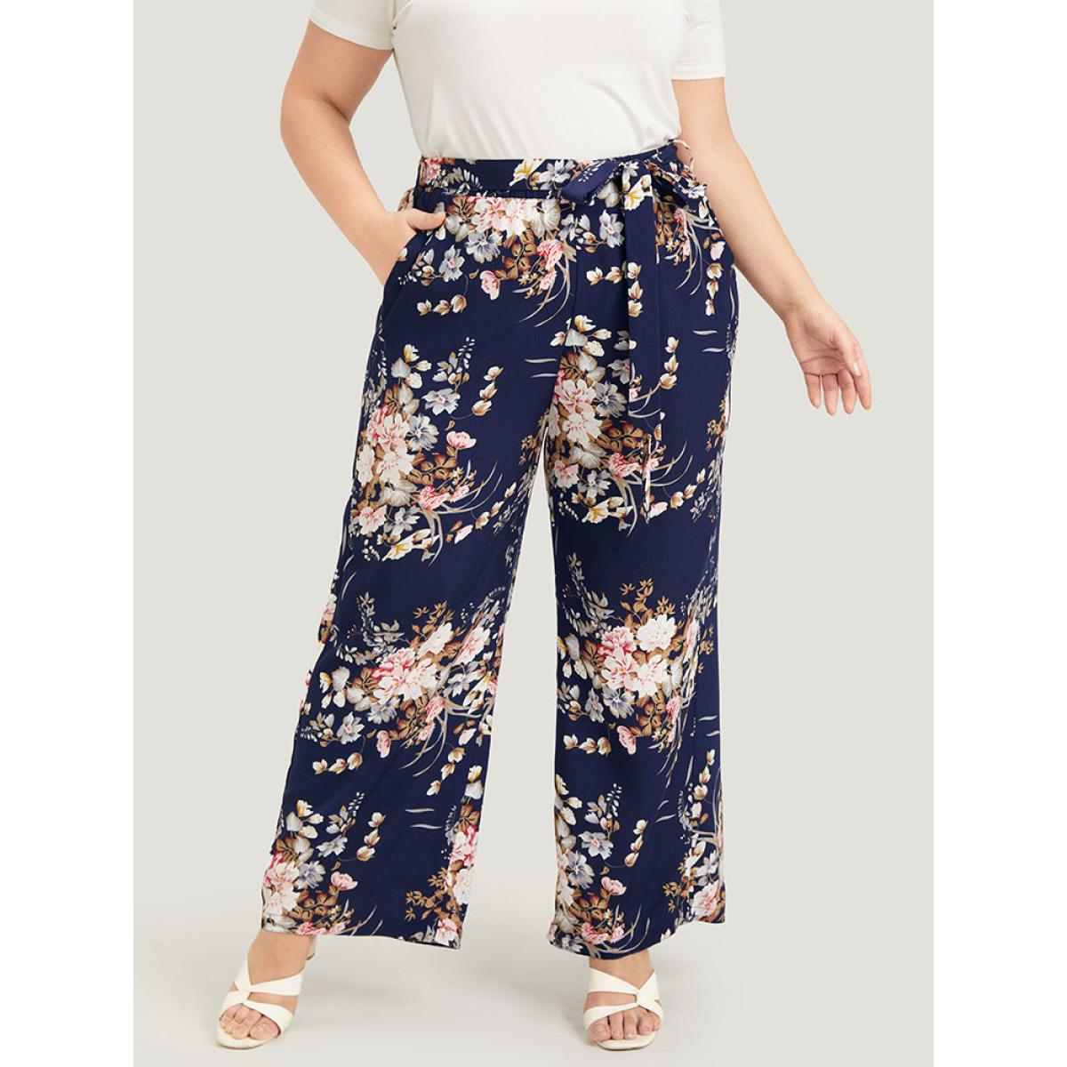 Plus Size Floral Pocket High Rise Wide Leg Belt Pants Women Indigo Elegant Loose High Rise Dailywear Pants BloomChic 14-16/1X Product Image