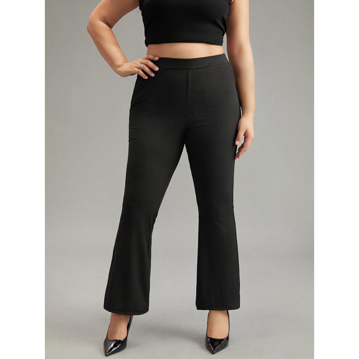 Plus Size Plain Rib Knit Flare Leg Legging Women Black Casual High stretch Flare Leg High Rise Dailywear Leggings BloomChic 26/4X Product Image