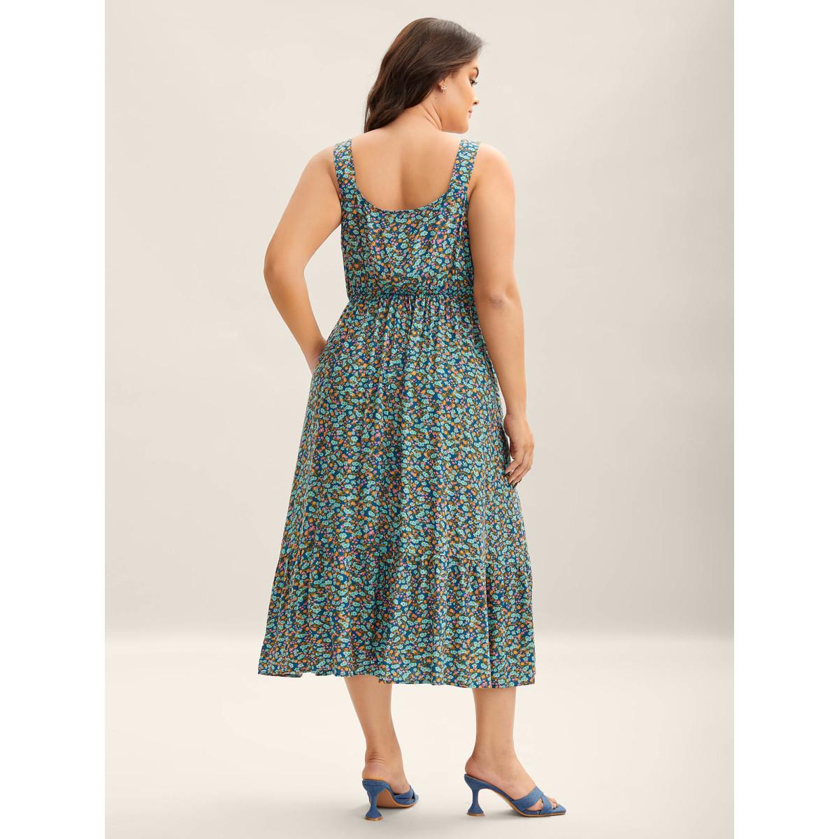 Plus Size Ditsy Floral Print Neck Ribbon Midi Dress Aegean Women Heart neckline Sleeveless Curvy BloomChic 28/5X Product Image