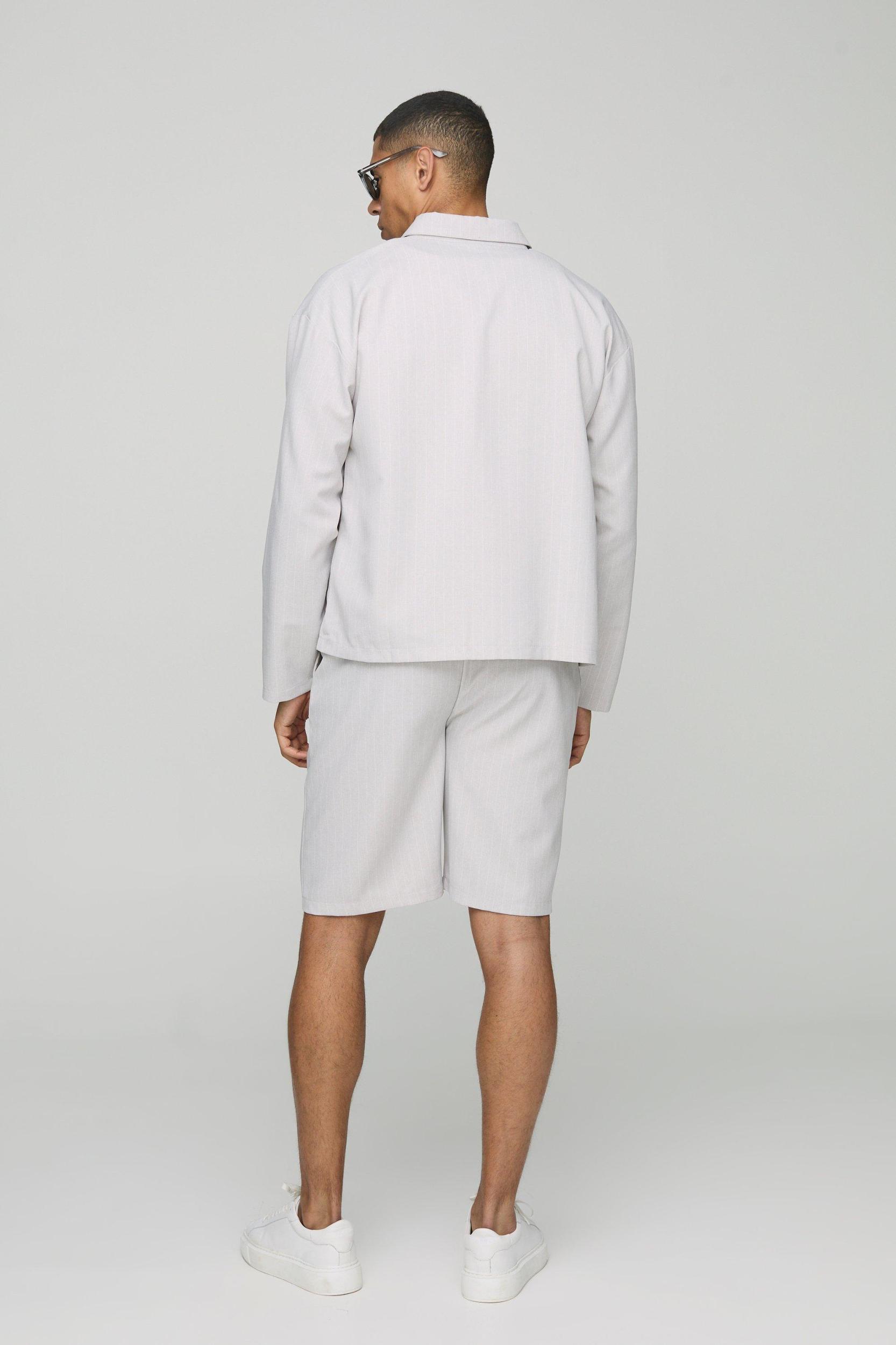 Oversized Pinstripe Linen Look Shirt Jacket | boohooMAN USA Product Image