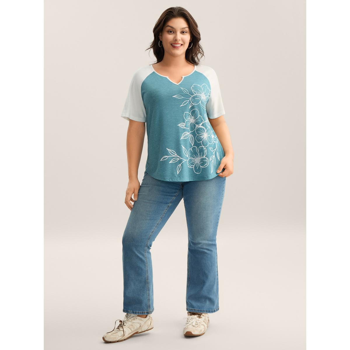 Plus Size Supersoft Heather Split Neck T-Shirt Cerulean Women Leisure Contrast Flat collar with V-notch Casual T-shirts BloomChic 18-20/2X Product Image