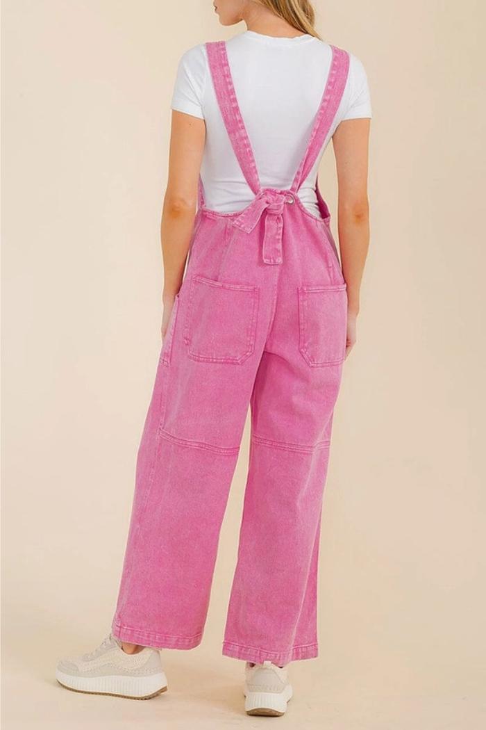 Washed Denim Button Up Wide Leg Overall Jumpsuit Product Image