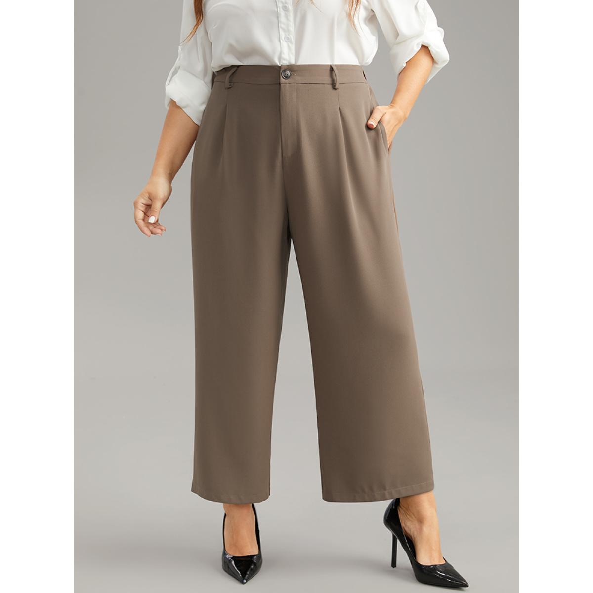 Plus Size Plain Plicated Detail Straight Leg Pants Women DarkBrown Office Wide Leg High Rise Work Pants BloomChic 10/M Product Image