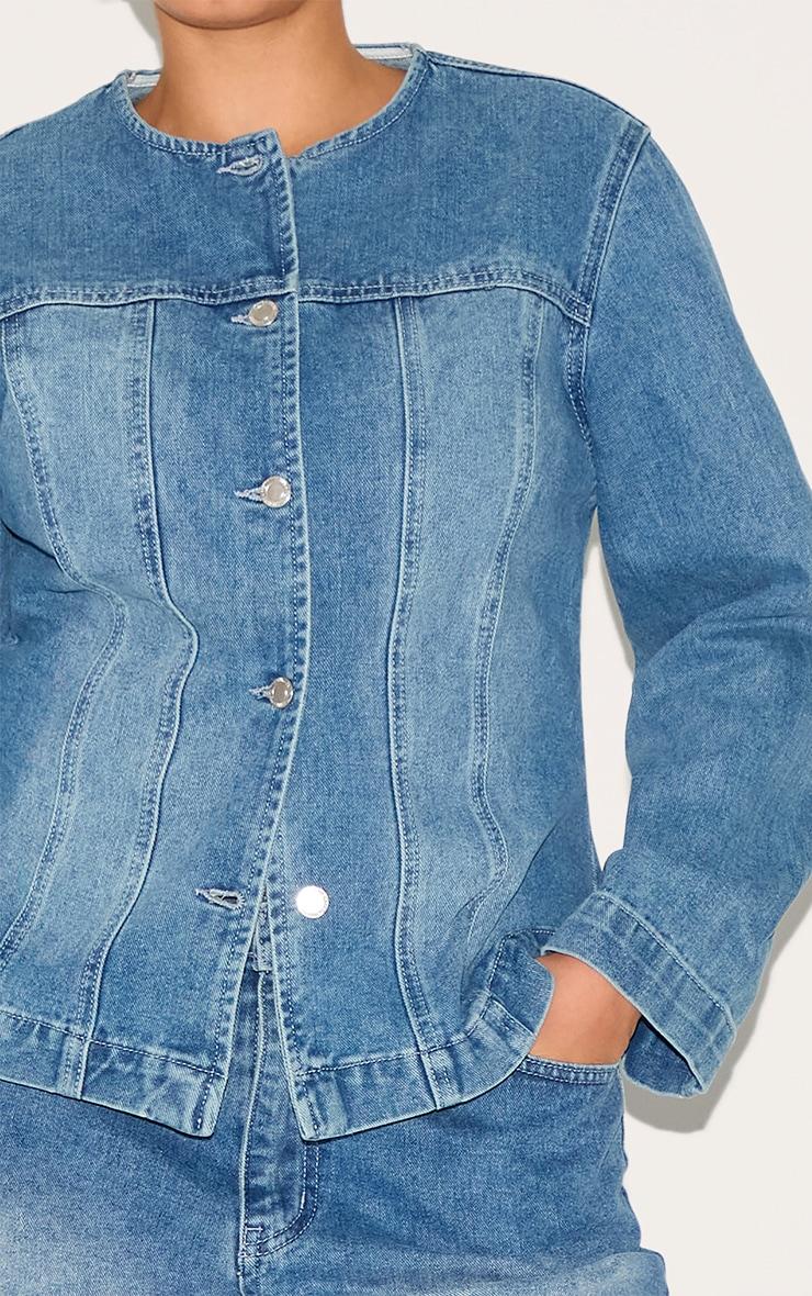 Plus Mid Blue Wash Mid Blue Wash Cinched Round Neck Denim Jacket Product Image
