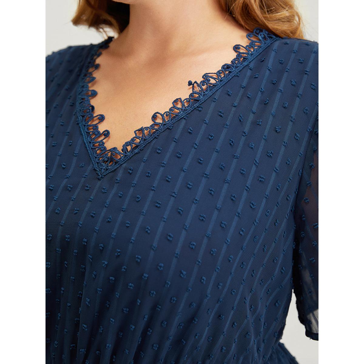 Plus Size Polka Dot Mesh Ruffle Sleeve Lace Trim Pocket Belted Dress Navy Women Elegant See through V-neck Short sleeve Curvy Midi Dress BloomChic 28/5X Product Image
