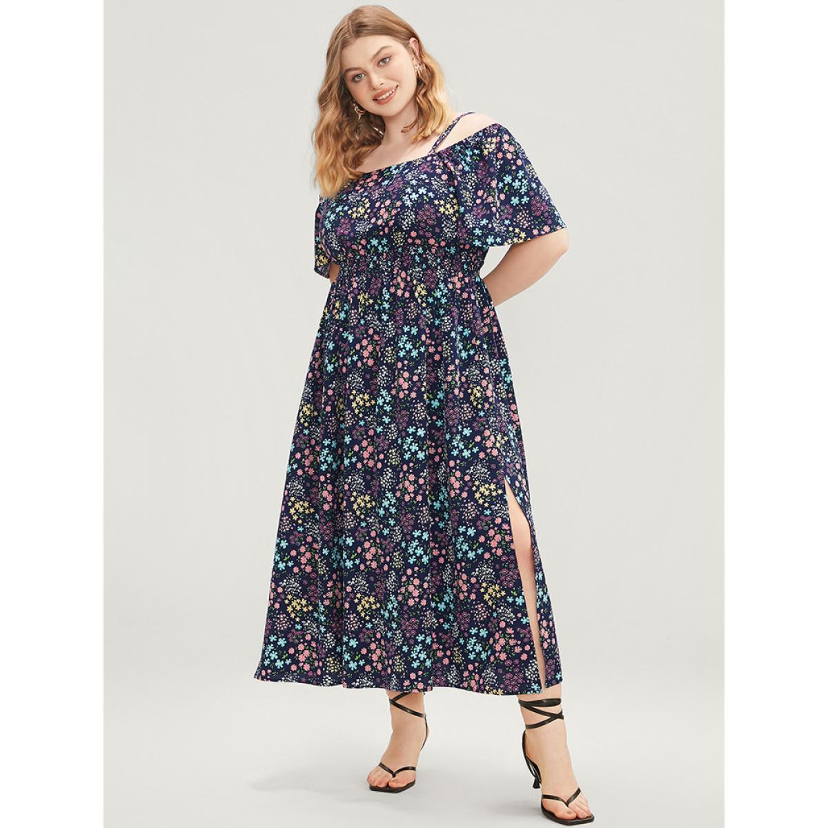 Plus Size Ditsy Floral Ruffles Pocket Shirred Split Hem Cami Dress Navy Women Vacation Adjustable Straps Spaghetti Strap Short sleeve Curvy Midi Dress BloomChic 22-24/3X Product Image