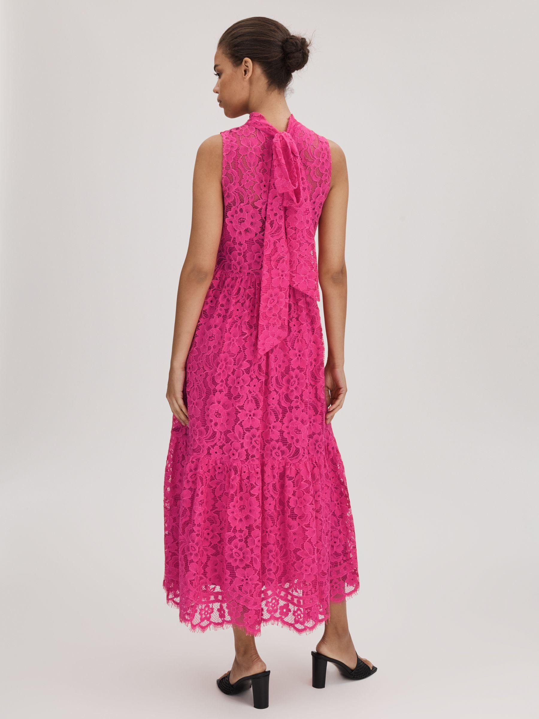 Florere Lace Tie Back Midi Dress in Bright Pink Product Image