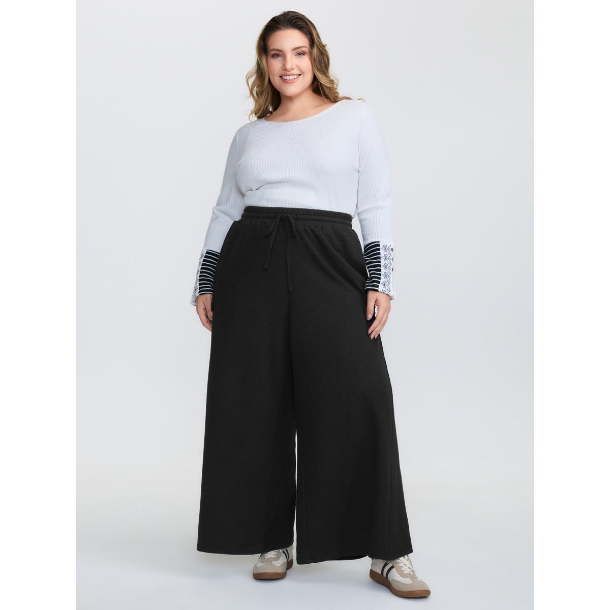 Plus Size Adjustable Drawstring Wide-Leg Pants Women Black Leisure Wide Leg Adaptive-Waist Casual Pants BloomChic 26/4X Product Image