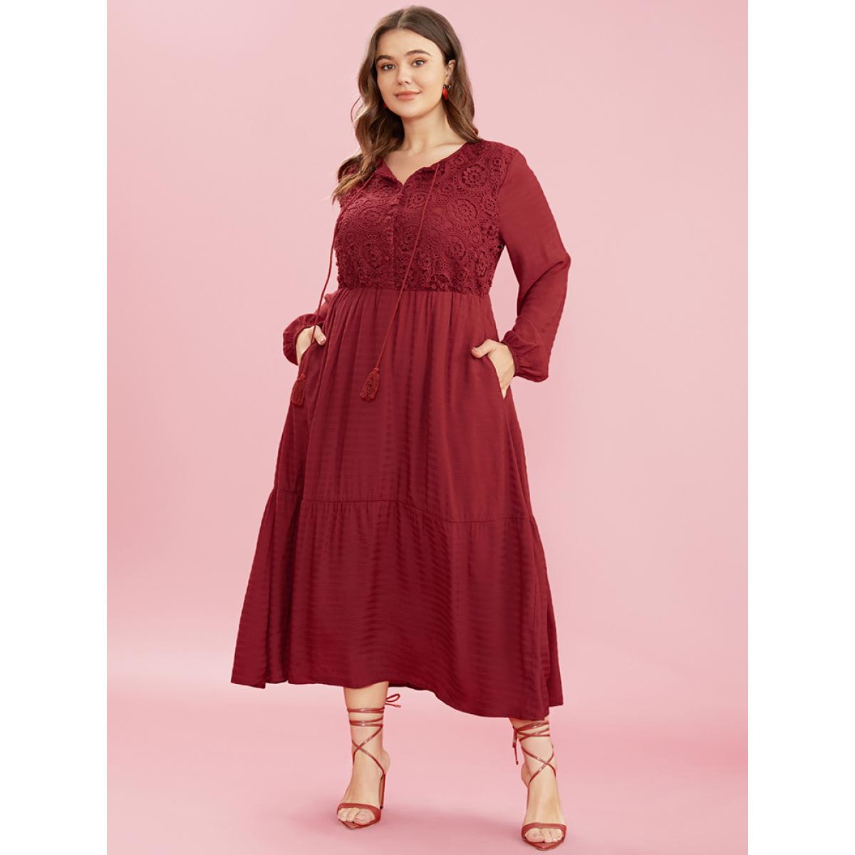 Plus Size Solid Lace Button Up Tie Neck Lantern Sleeve Pocket Flutter Dress Burgundy Women Elegant Patchwork Round Neck Long Sleeve Curvy Midi Dress BloomChic 28/5X Product Image
