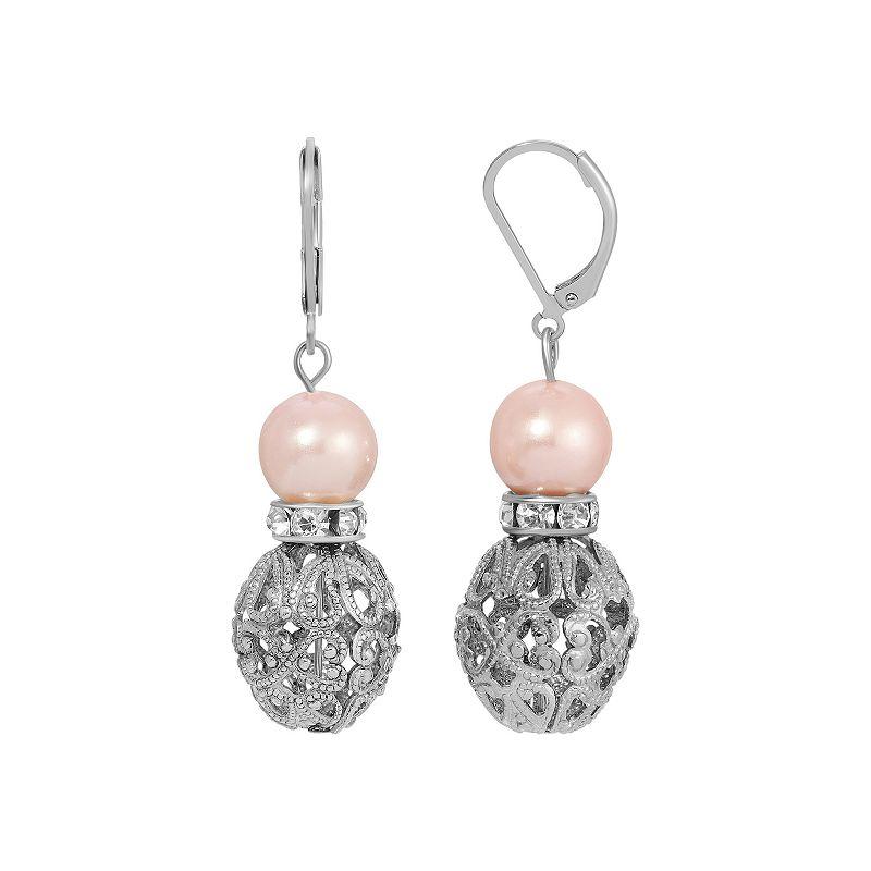 1928 Silver Tone Filigree Faux Pearl Drop Earrings, Womens, Beige Product Image