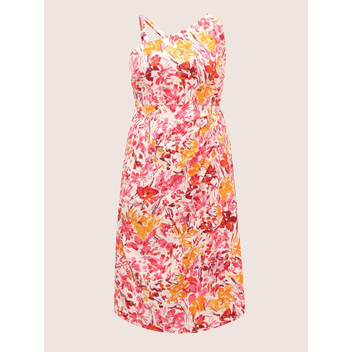 Plus Size Asymmetrical Neck Watercolor Floral Pleated Dress Blush Women Elegant Pleated Asymmetrical Neck Sleeveless Curvy BloomChic 12/L Product Image