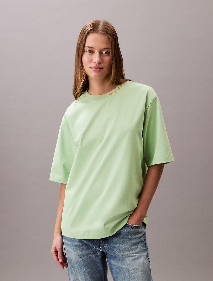 Calvin Klein Womens Logo Graphic Neckline Relaxed T-Shirt - Green Product Image