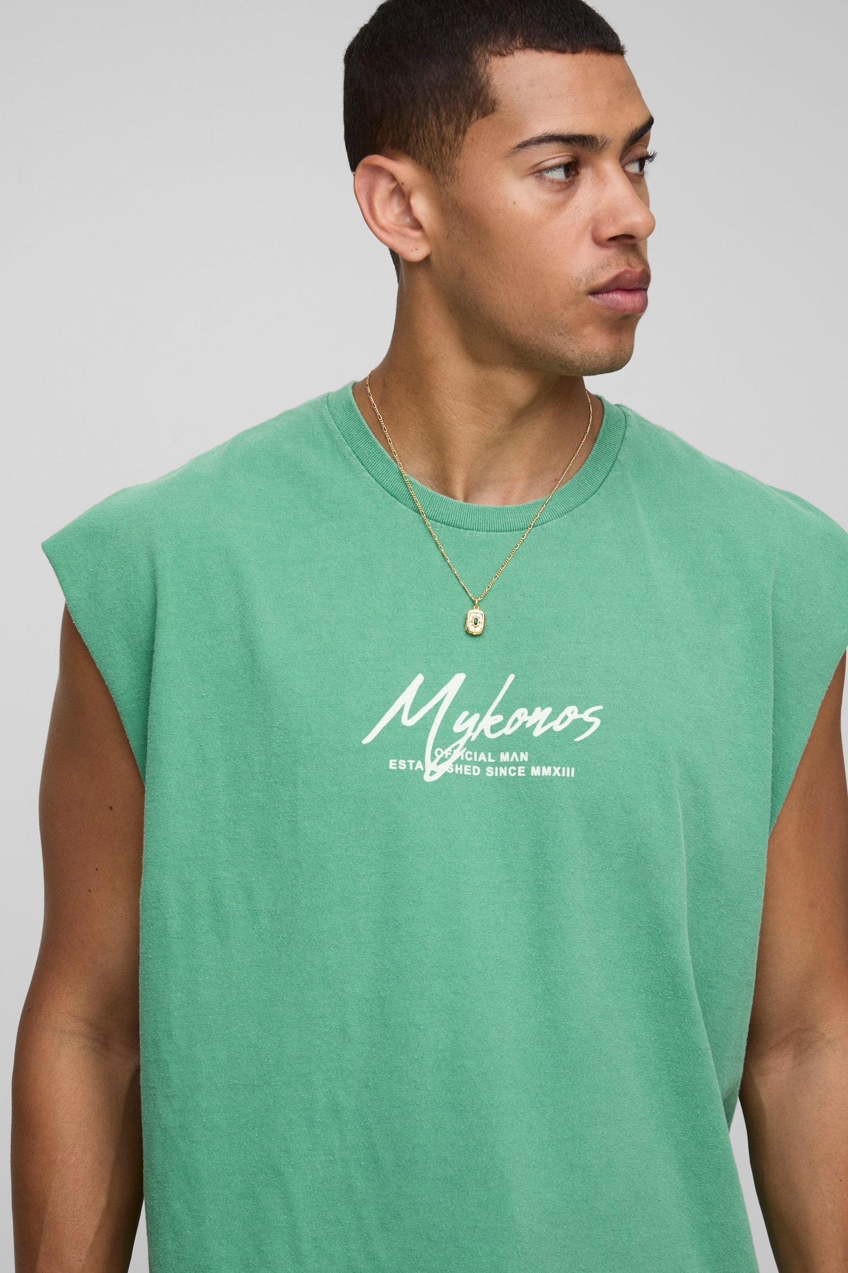 Green Oversized Washed Mykonos Palm Printed Tank | boohooMAN USA Product Image
