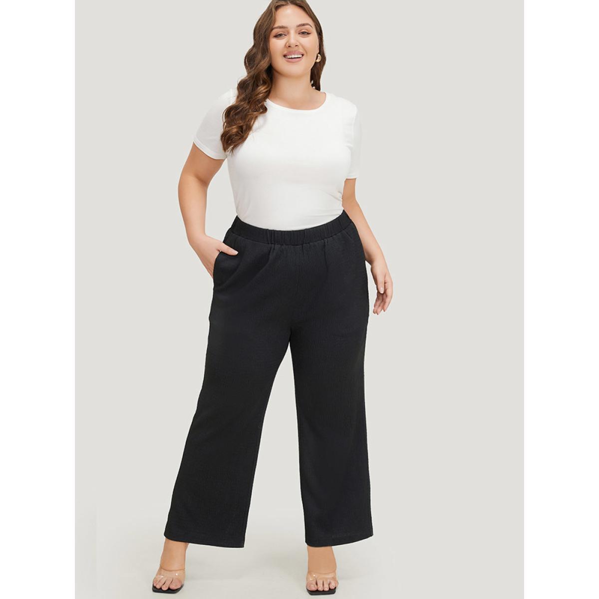 Plus Size Solid Pocket High Rise Elastic Waist Pants Women Black Elegant High Rise Dailywear Pants BloomChic 10/M Product Image