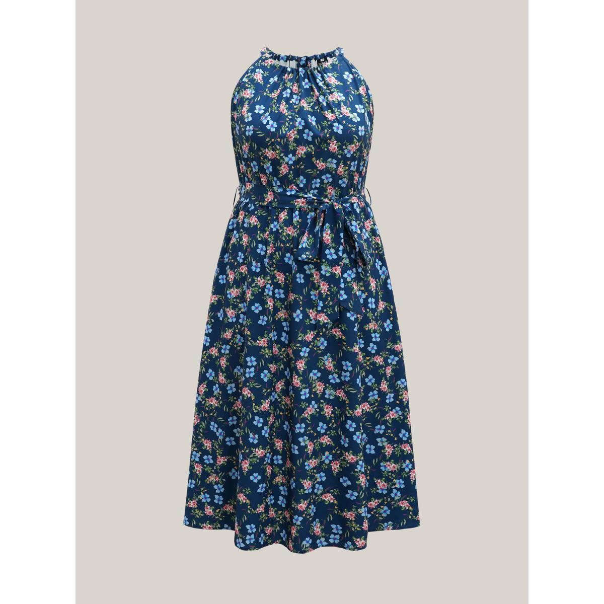 Plus Size Floral Print Belted Stretchy Waist Midi Dress Navy Women Timeless Gathered Halter neck Sleeveless Curvy BloomChic 26/4X Product Image