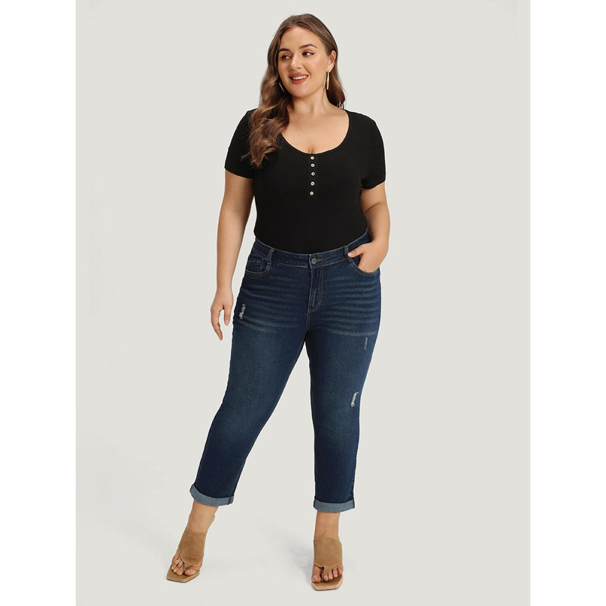 Plus Size Solid Ripped Pocket Roll Hem Jeans Women Midnight Casual Plain Plain High stretch Pocket Jeans BloomChic 16/1X Product Image