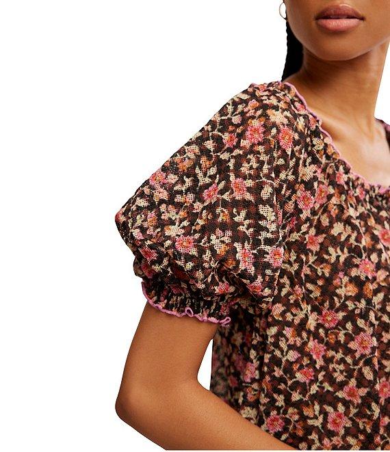 Free People Astra Peasant Floral Print Scoop Neck Short Puffed Sleeve Knit Top Product Image