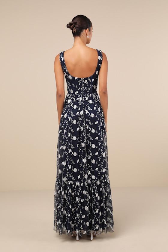 Gala Invite Navy Blue Embroidered Tulle Bustier Maxi Dress Product Image