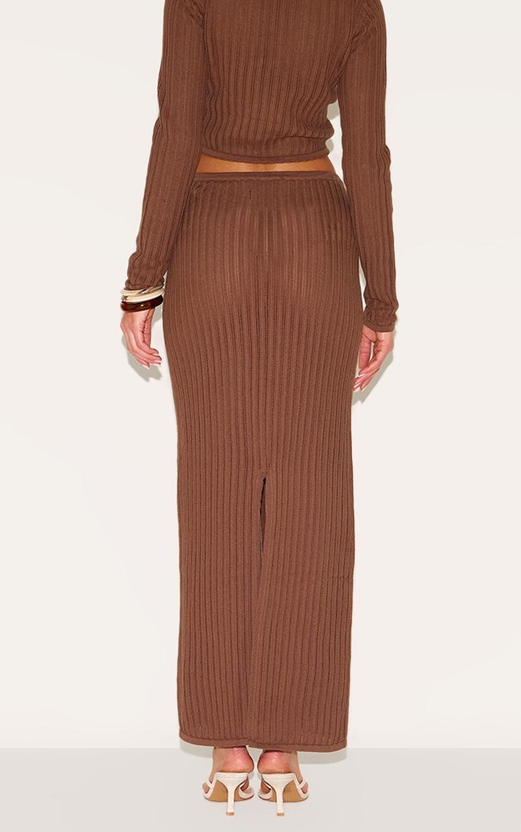 Mocha Pointelle Knit Trim Split Maxi Skirt Product Image
