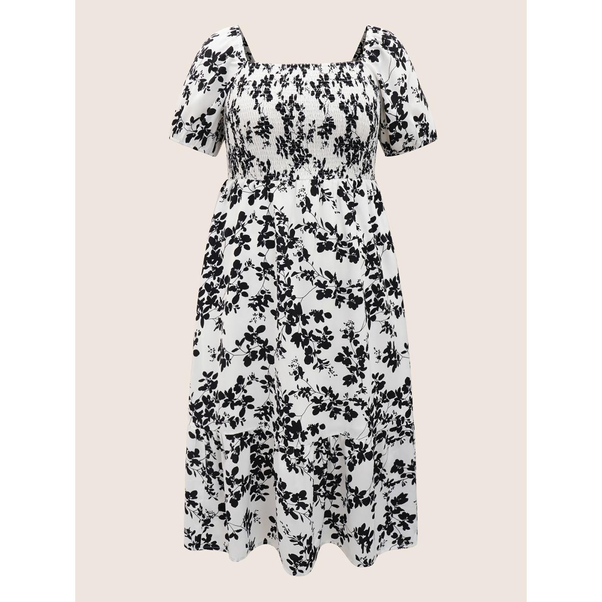 Plus Size Silhouette Floral Print Shirred Puff Sleeve Dress Black Women Elegant Gathered Square Neck Short sleeve Curvy Midi Dress BloomChic 12/L Product Image