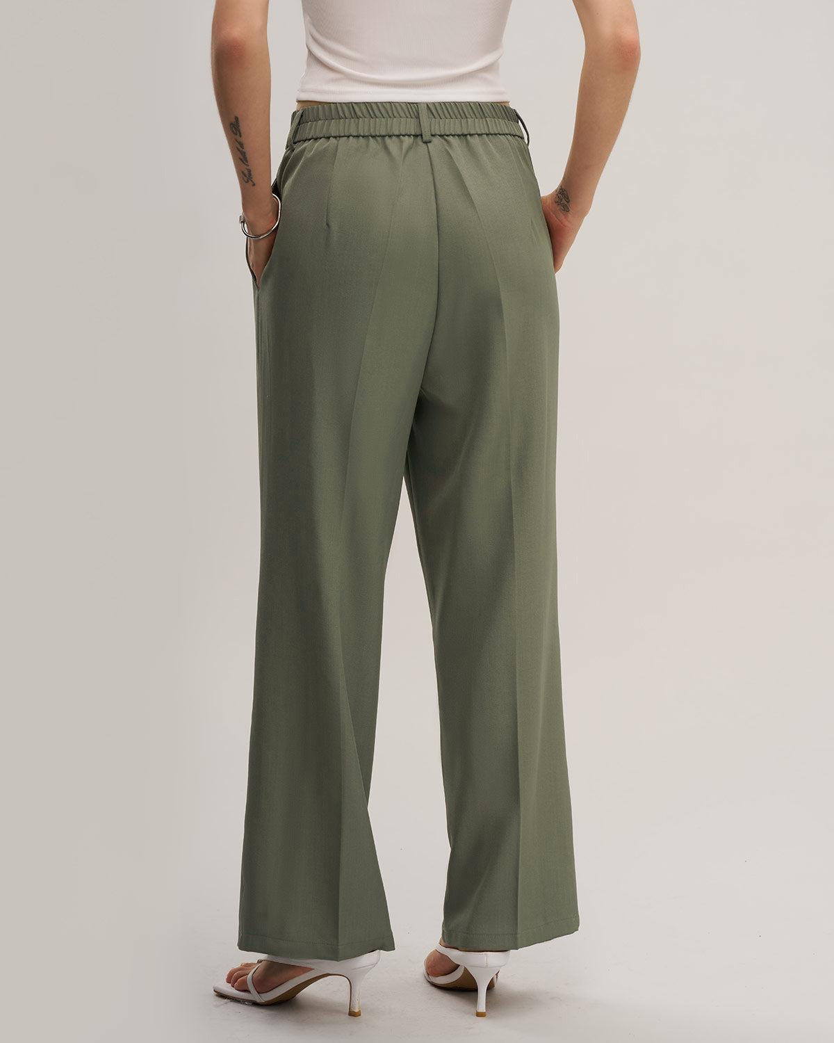 Green Elastic Waist Straight Pants Product Image