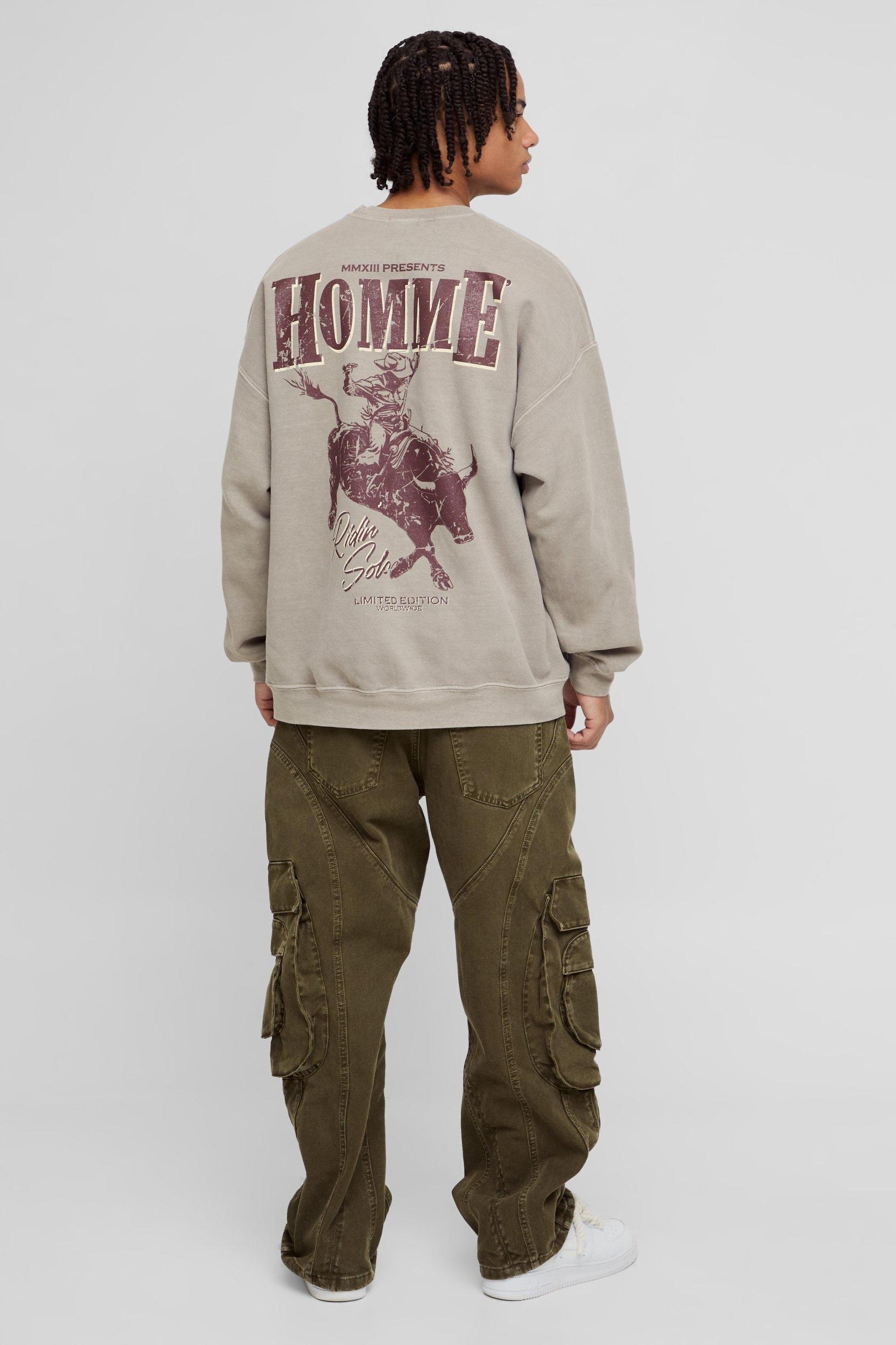 Oversized Homme Western Graphic Washed Sweatshirt | boohooMAN USA Product Image