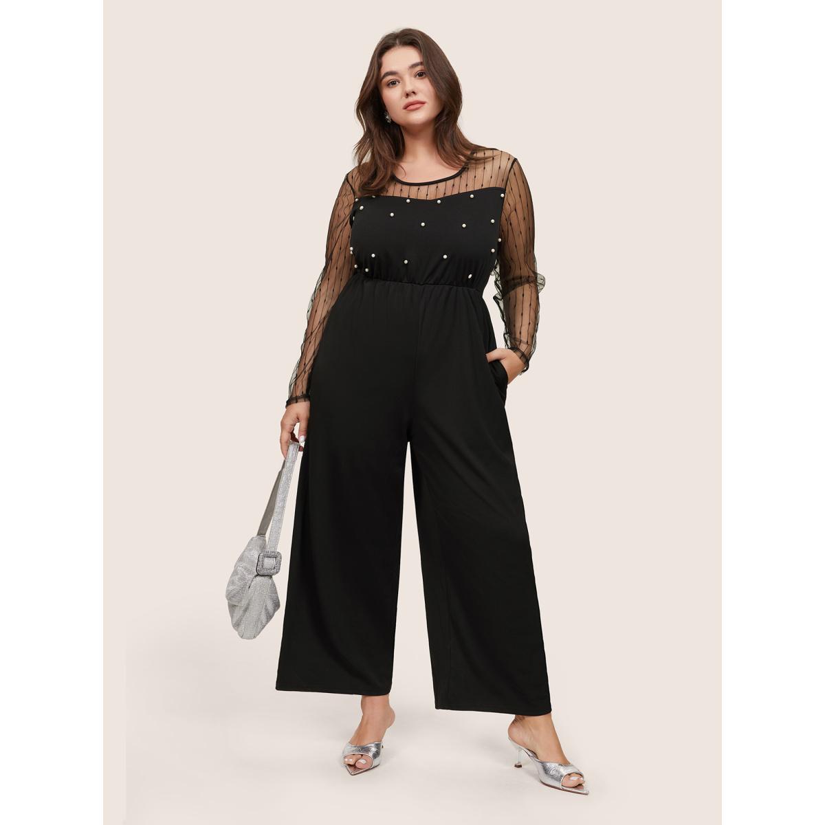 Plus Size Black Pearl Beaded Mesh Patchwork Zipper Jumpsuit Women Party Long Sleeve Round Neck Going out Loose Jumpsuits BloomChic 10/M Product Image