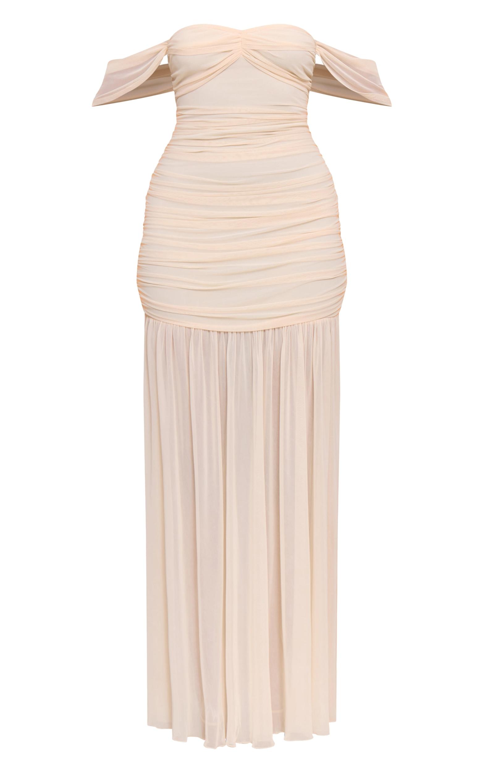 Cream Mesh Bardot Ruched Detail Maxi Dress Product Image