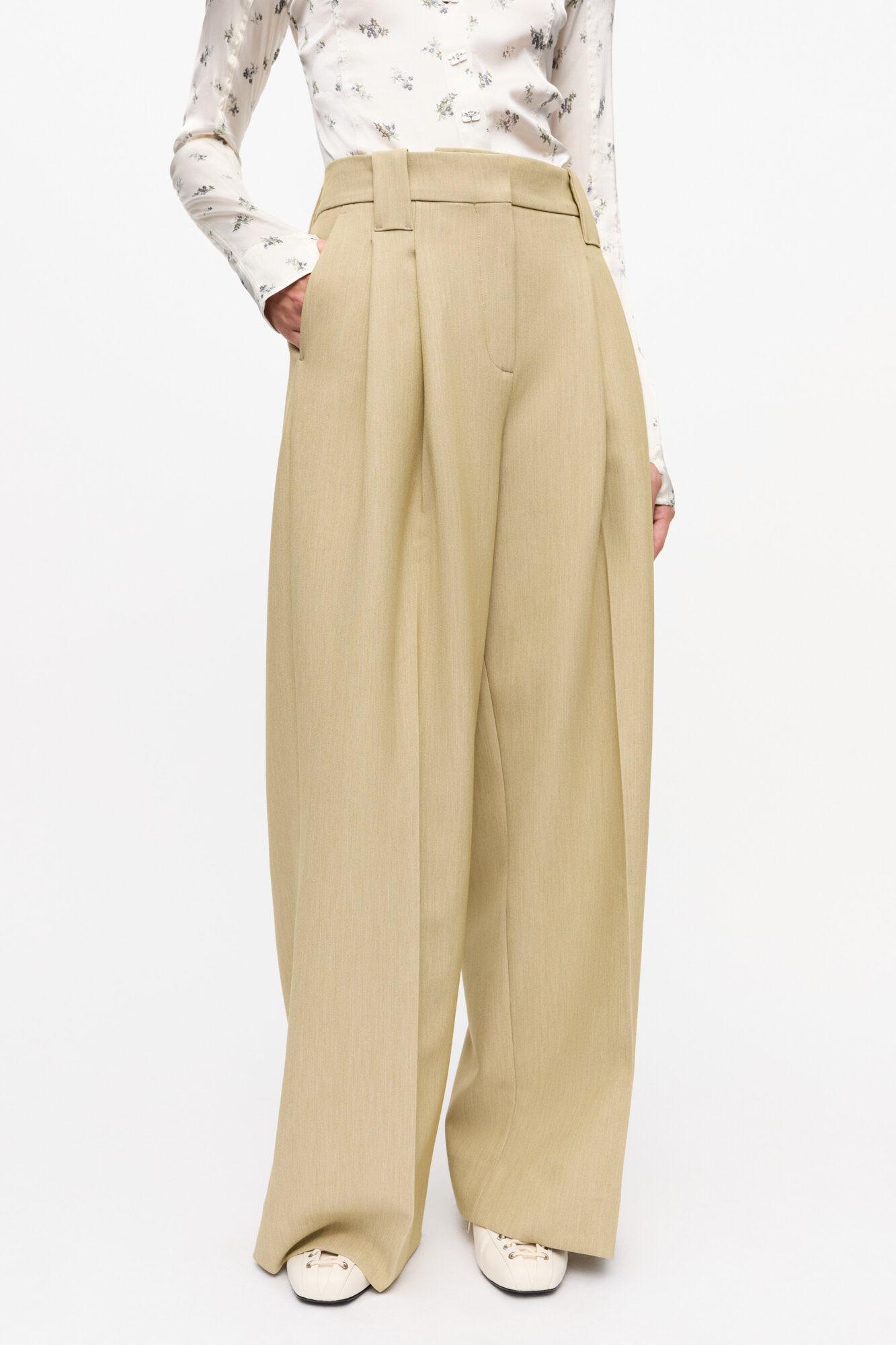 Beige Twill Suiting Mid Waist Pants Product Image