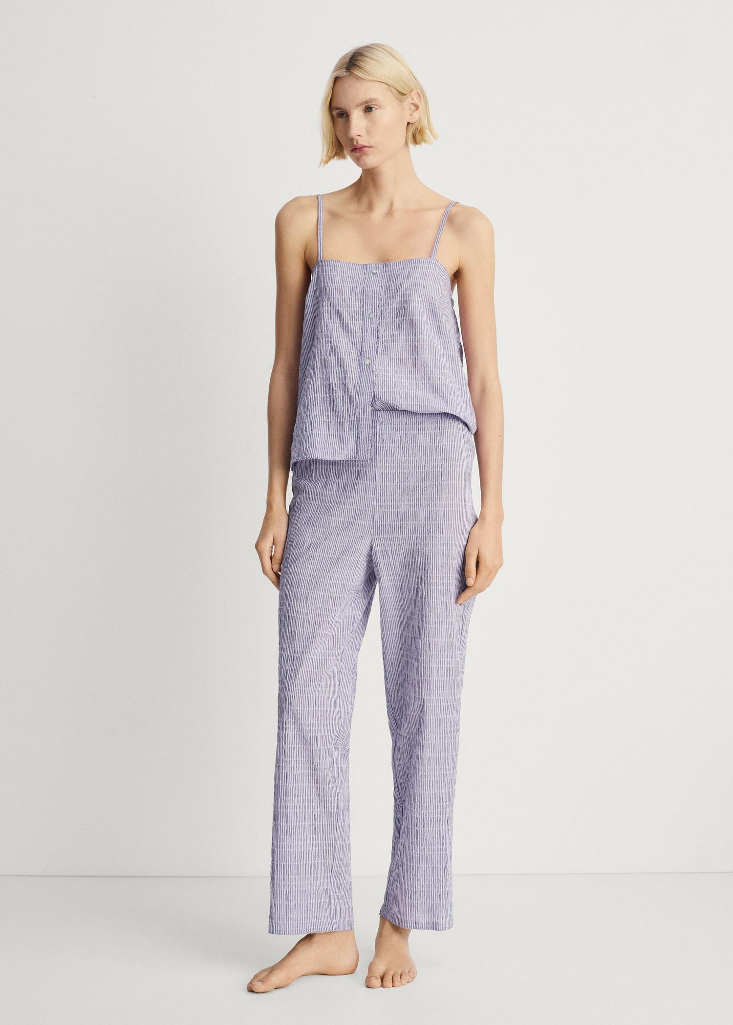 Cotton striped woven seersucker pants - Women | MANGO USA Product Image