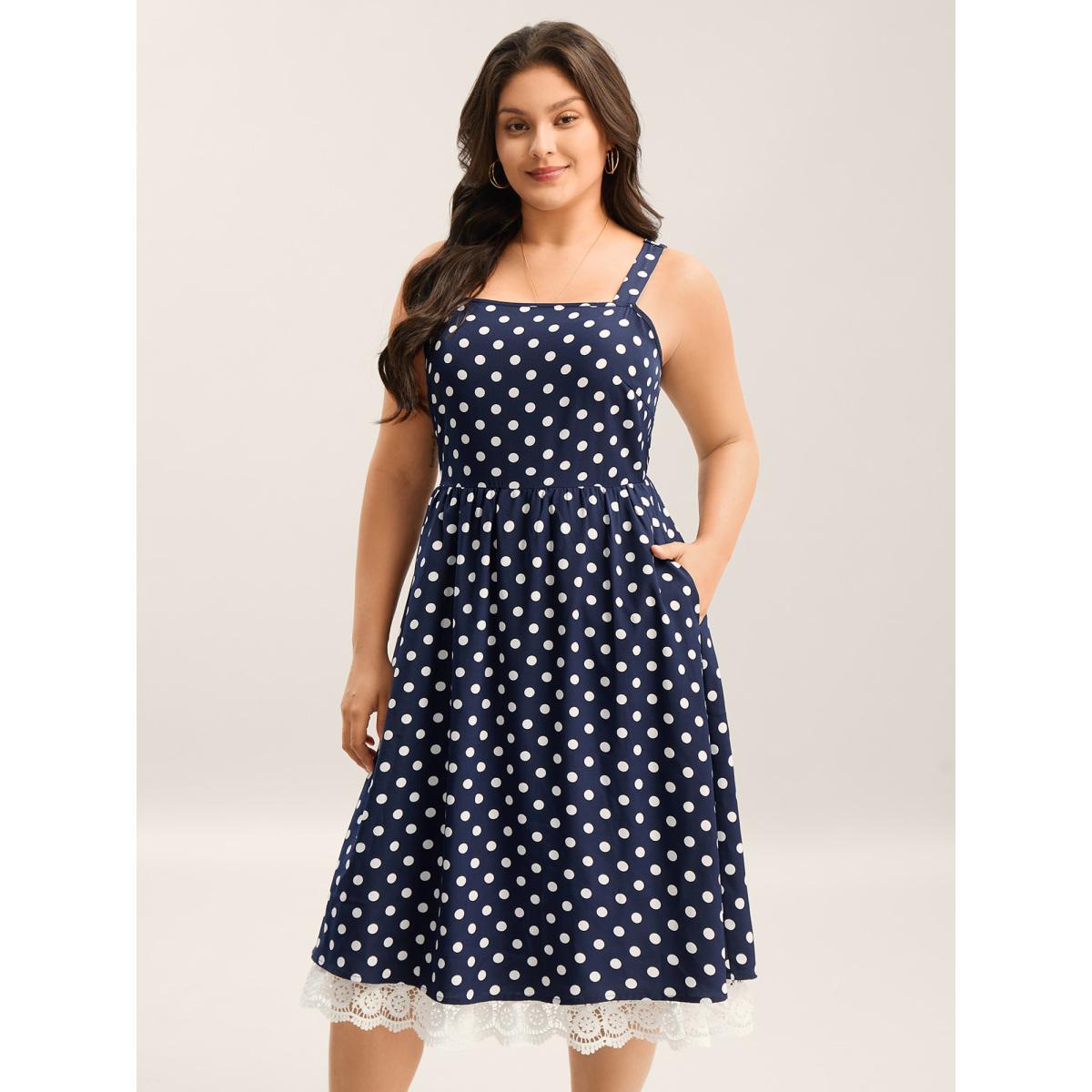 Plus Size Polka Dots Print Adjustable Lace Midi Dress DarkBlue Women Non Sleeveless Curvy BloomChic 22-24/3X Product Image