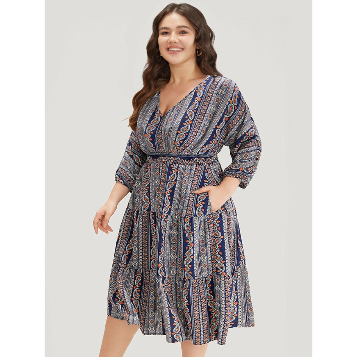 Plus Size Bandana Print Elastic Cuffs Layered Hem Dress DarkBlue Women Vacation Elastic cuffs V-neck Elbow-length sleeve Curvy Midi Dress BloomChic 22-24/3X Product Image