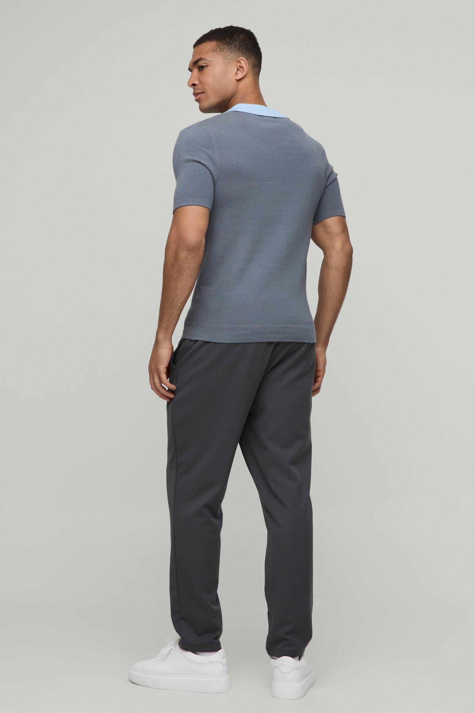 Muscle Fit Contrast Collar Knitted Polo | boohooMAN USA Product Image