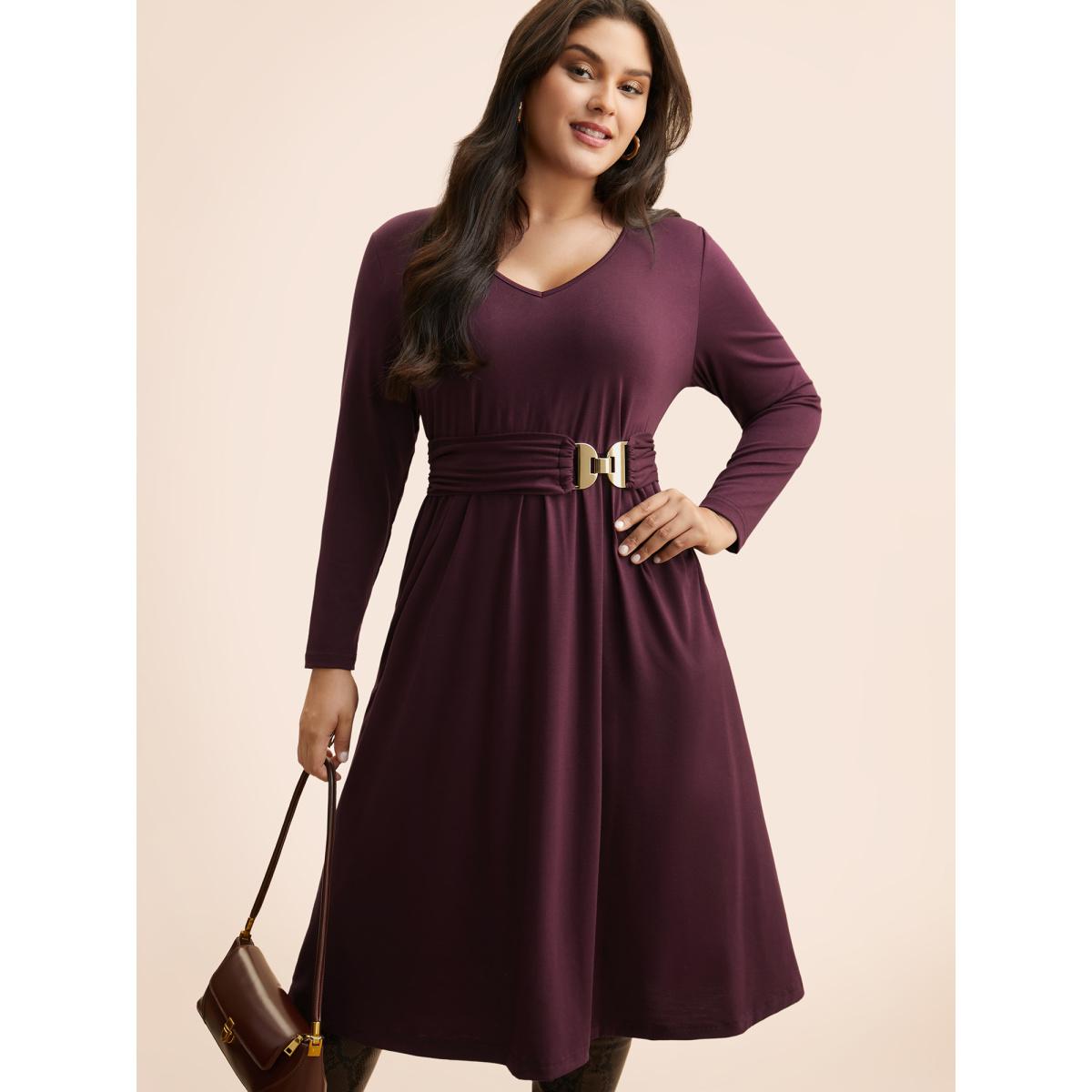 Plus Size Solid Metal Detail Midi Dress Deeppurplered Women Casual Belted V-neck Long Sleeve Curvy BloomChic 30/6X Product Image