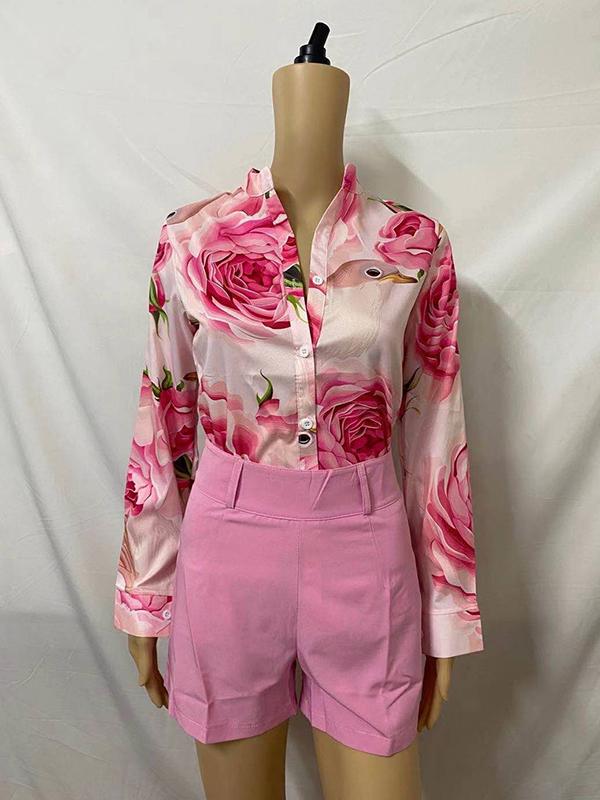 Long Sleeves Buttoned Flower Print Deep V-Neck Shirts Top +Belted Shorts Bottom Two Pieces Set Product Image