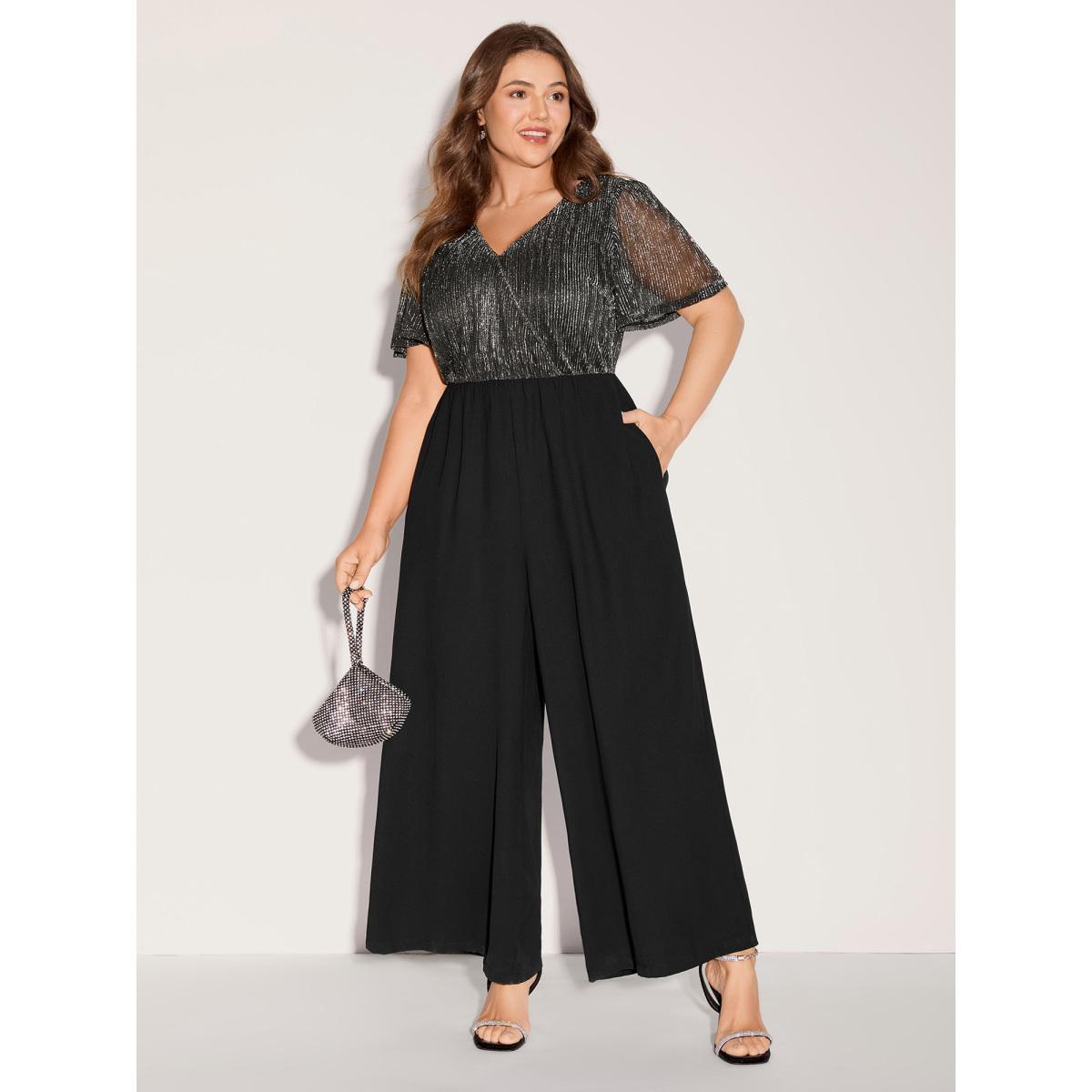 Plus Size Black Shimmery Bow Back Tie Contrast Jumpsuit Women Short sleeve Overlap Collar Party Loose Jumpsuits BloomChic 22-24/3X Product Image