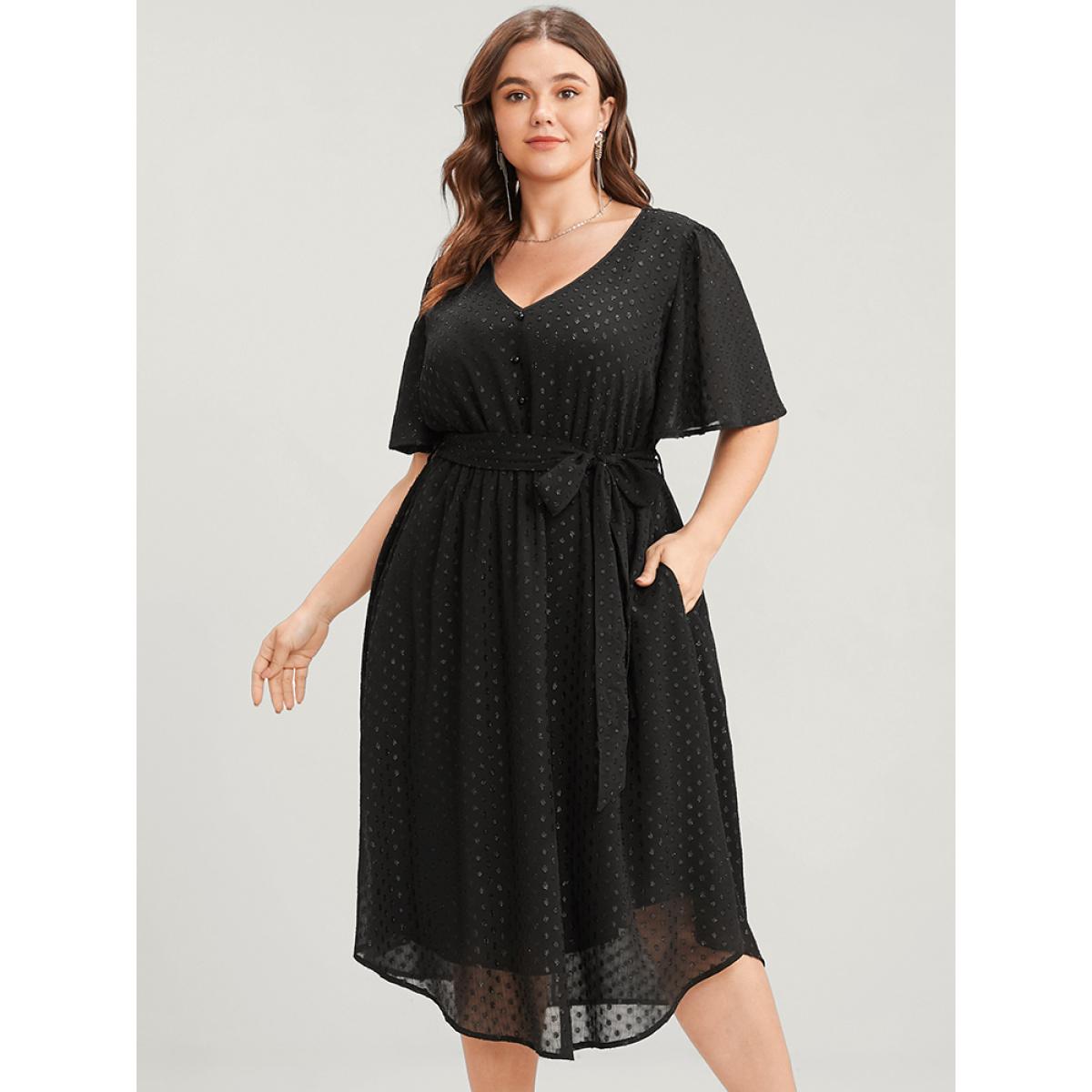 Plus Size Glitter Polka Dot V Neck Pocket Belted Ruffles Hem Dress Black Women Glamour Asymmetrical V-neck Short sleeve Curvy Midi Dress BloomChic 30/6X Product Image
