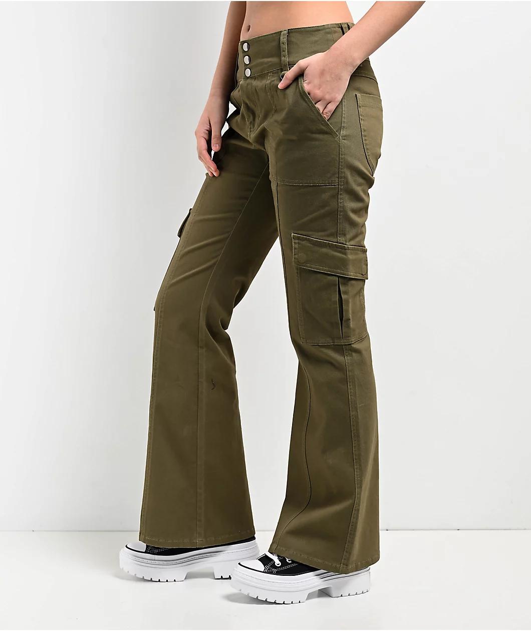 Empyre Britt Y2K Burnt Olive Low Rise Flare Cargo Pants Product Image