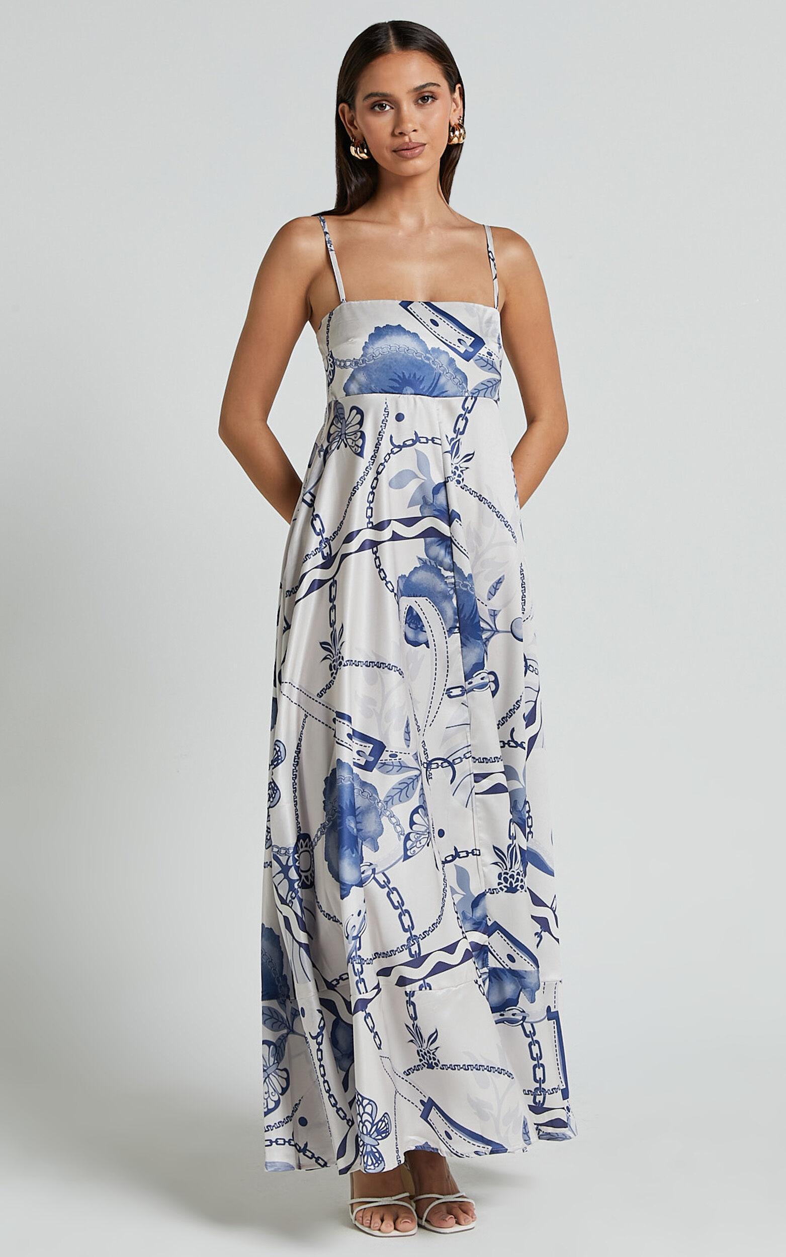 Yasmine Midi Dress - Straight Neck Sleeveless A Line Dress in Blue and White Porcelain Print Product Image