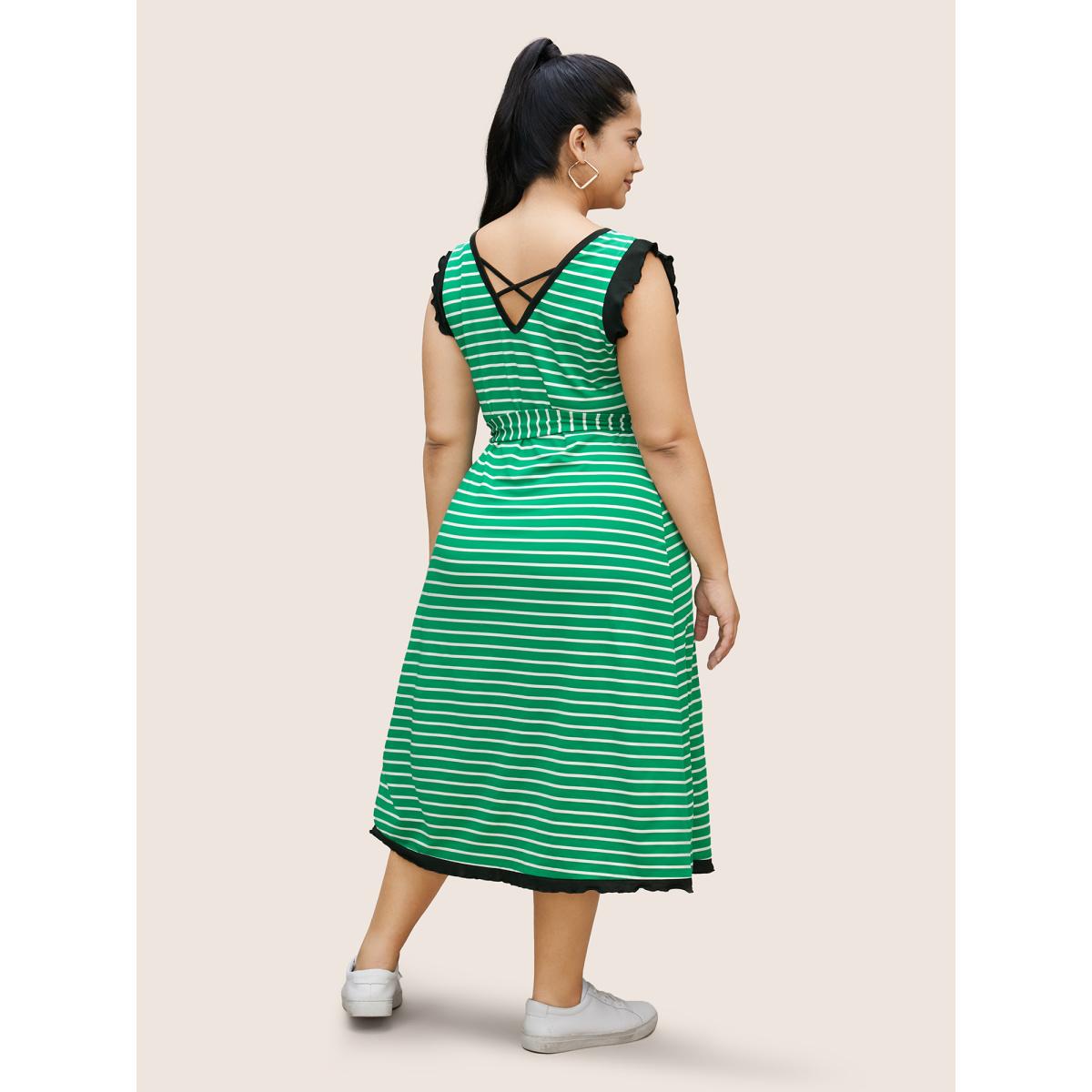 Plus Size Striped Contrast Trim Belted Tank Dress Malachitegreen Women Casual Belted V-neck Sleeveless Curvy BloomChic 10/M Product Image
