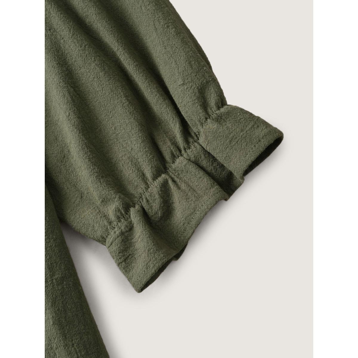 Plus Size ArmyGreen Broderie Anglaise Tie Knot Lantern Sleeve Blouse Women Boho Elbow-length sleeve Notched collar Vacation Blouses BloomChic 28/5X Product Image