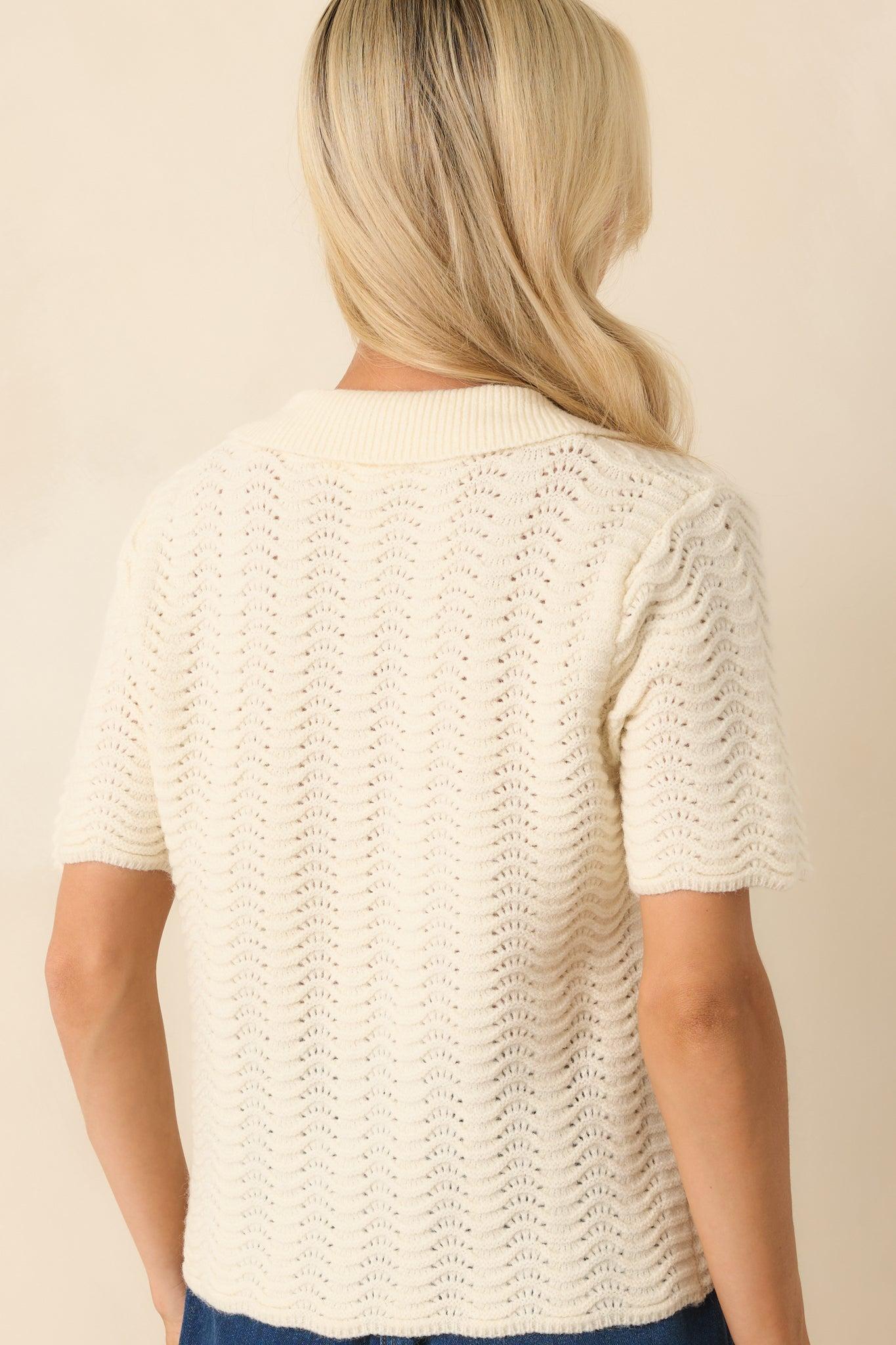 Left It At That Ivory Scalloped Pointelle Knit Short Sleeve Sweater Product Image