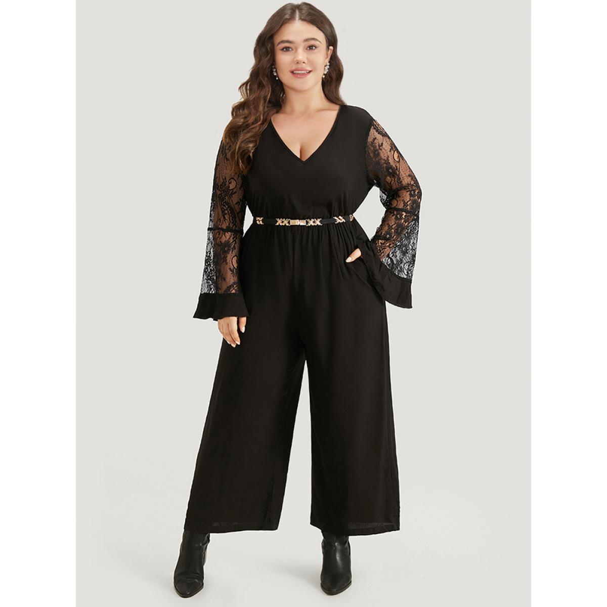 Plus Size Black Halloween Plain Mesh Eyelet Lace Pocket Jumpsuit Women Elegant Long Sleeve V-neck Festival-Halloween Loose Jumpsuits BloomChic 10/M Product Image