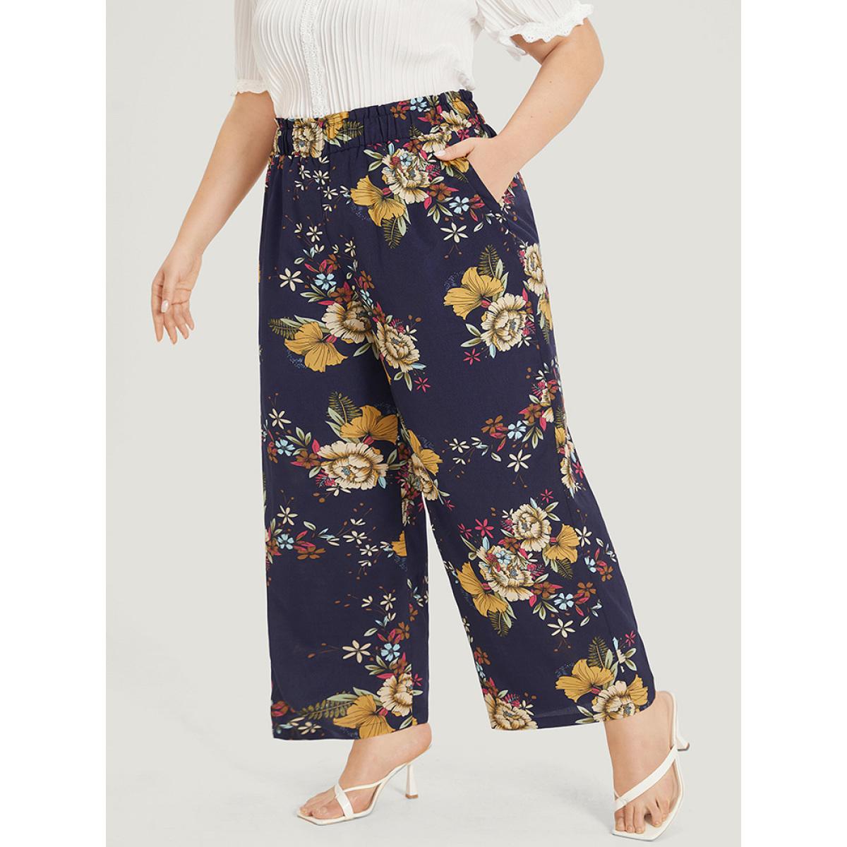 Plus Size Floral Print Pocket Elastic Waist Wide High Rise Pants Women Indigo Elegant Straight Leg High Rise Dailywear Pants BloomChic 22-24/3X Product Image