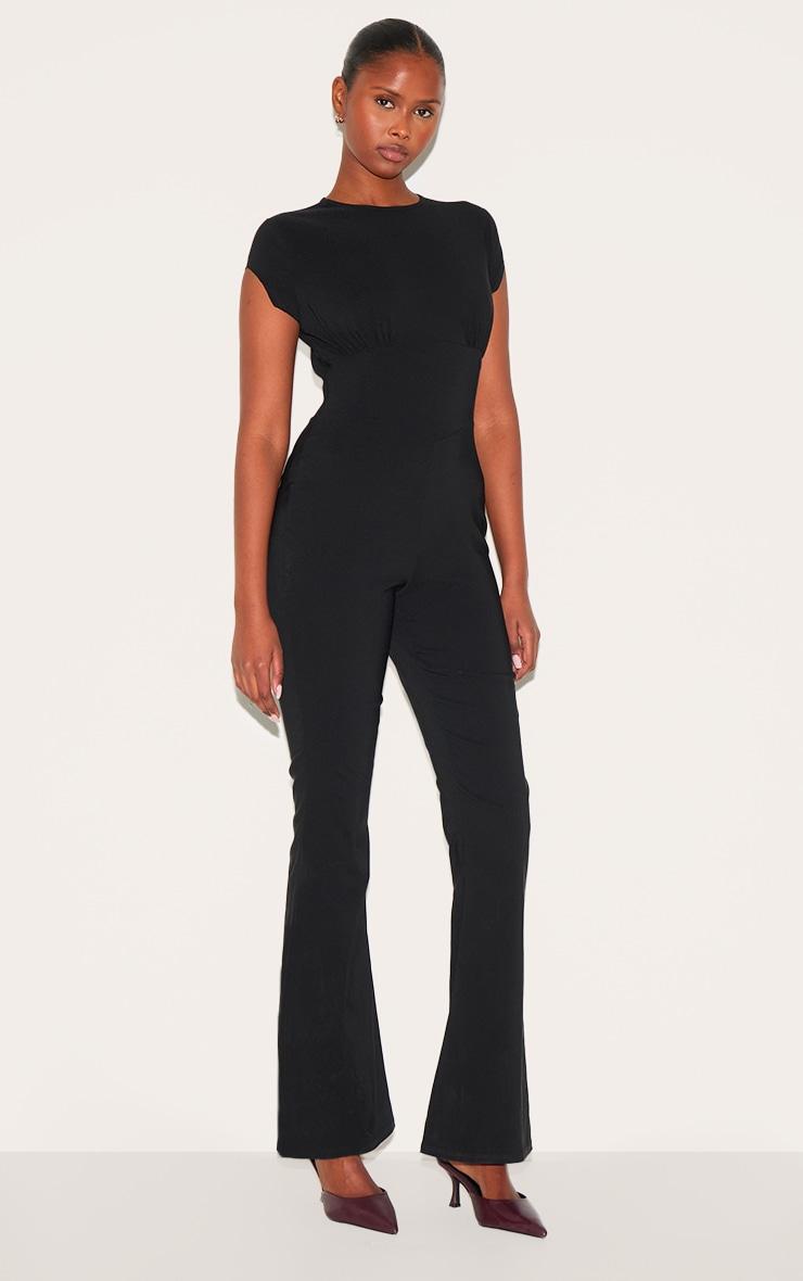Black Stretch Woven Corset Detail Cap Sleeve Flared Jumpsuit Product Image