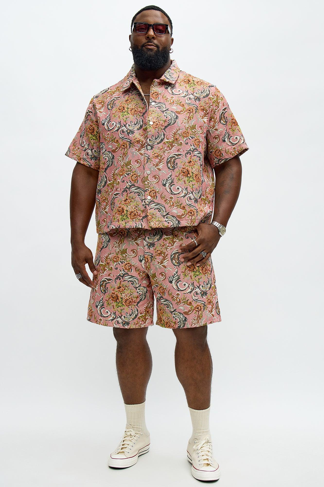 Rose Pattern Tapestry Closed Collar Button Up Shirt - Pink/combo Male Product Image