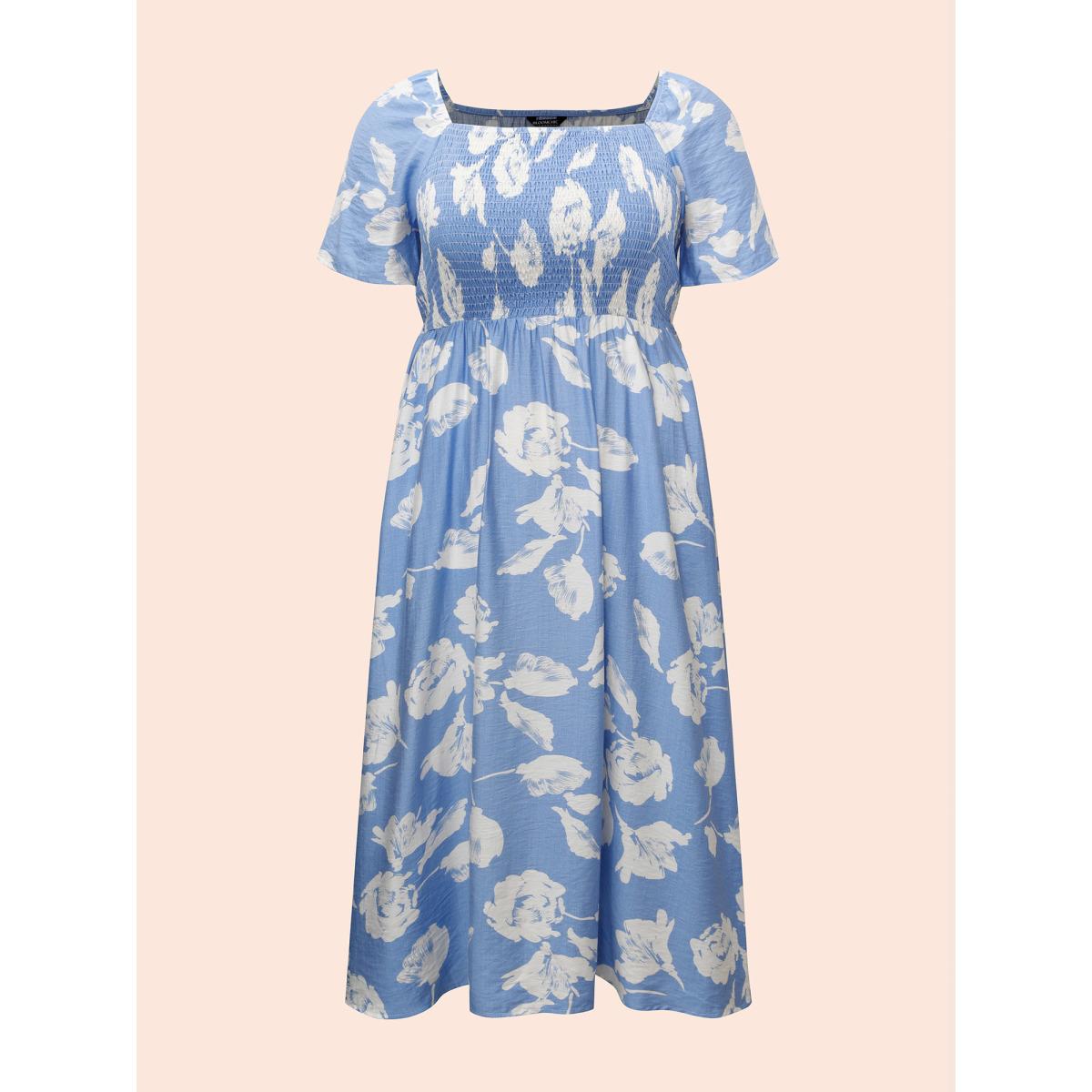 Plus Size Square Neck Silhouette Floral Print Shirred Dress LightBlue Women Elegant Shirred Square Neck Short sleeve Curvy BloomChic 22-24/3X Product Image
